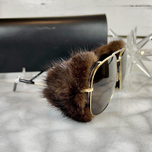 Saint Laurent Mink Fur Classic 11 Aviator Shield Sunglasses - Picture 3 of 14